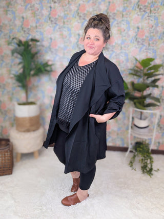 Irene V-Neck Sheer Black Top w/Dot Texture-1- ShortSlv/Slvless Tops-WHITE BIRCH-Styled by Stacked - A Plus Size Women's Boutique in Lakeville, MN