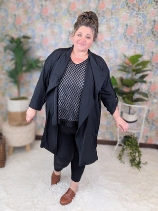 Irene V-Neck Sheer Black Top w/Dot Texture-1- ShortSlv/Slvless Tops-WHITE BIRCH-Styled by Stacked - A Plus Size Women's Boutique in Lakeville, MN