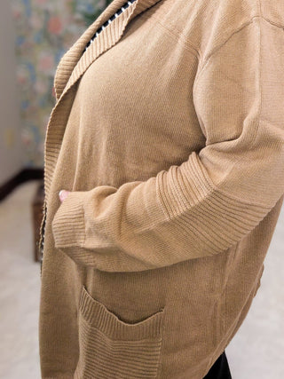 Tobi Sweater Cardigan w/Hood in Camel-4- Overlayer Tops-WHITE BIRCH-Styled by Stacked - A Plus Size Women's Boutique in Lakeville, MN