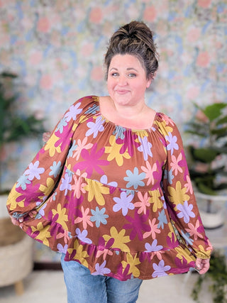 Annette U-Neck Retro Floral Tiered Long Sleeve in Warm Cocoa-2- Long Sleeve Tops-HEIMISH-Styled by Stacked - A Plus Size Women's Boutique in Lakeville, MN