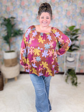 Annette U-Neck Retro Floral Tiered Long Sleeve in Warm Cocoa-2- Long Sleeve Tops-HEIMISH-Styled by Stacked - A Plus Size Women's Boutique in Lakeville, MN