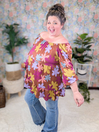 Annette U-Neck Retro Floral Tiered Long Sleeve in Warm Cocoa-2- Long Sleeve Tops-HEIMISH-Styled by Stacked - A Plus Size Women's Boutique in Lakeville, MN