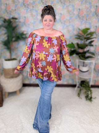 Annette U-Neck Retro Floral Tiered Long Sleeve in Warm Cocoa-2- Long Sleeve Tops-HEIMISH-Styled by Stacked - A Plus Size Women's Boutique in Lakeville, MN
