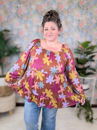 Annette U-Neck Retro Floral Tiered Long Sleeve in Warm Cocoa-2- Long Sleeve Tops-HEIMISH-Styled by Stacked - A Plus Size Women's Boutique in Lakeville, MN