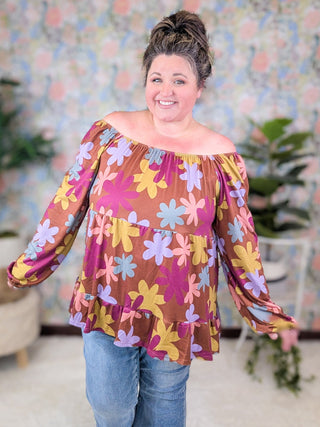 Annette U-Neck Retro Floral Tiered Long Sleeve in Warm Cocoa-2- Long Sleeve Tops-HEIMISH-Styled by Stacked - A Plus Size Women's Boutique in Lakeville, MN
