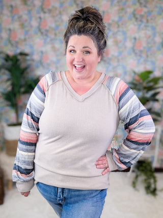 Alyssa Striped Sleeve Vneck Raglan in Taupe-2- Long Sleeve Tops-HEIMISH-Styled by Stacked - A Plus Size Women's Boutique in Lakeville, MN
