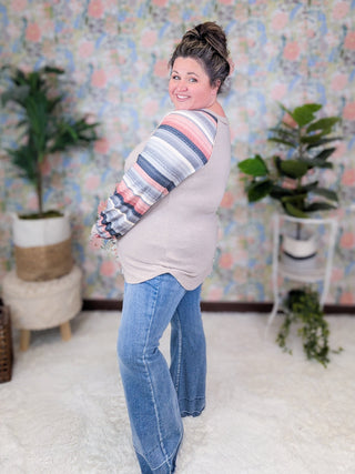 Alyssa Striped Sleeve Vneck Raglan in Taupe-2- Long Sleeve Tops-HEIMISH-Styled by Stacked - A Plus Size Women's Boutique in Lakeville, MN