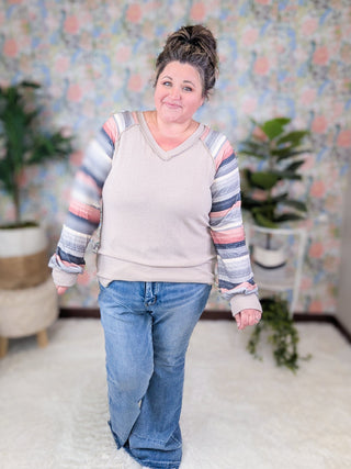 Alyssa Striped Sleeve Vneck Raglan in Taupe-2- Long Sleeve Tops-HEIMISH-Styled by Stacked - A Plus Size Women's Boutique in Lakeville, MN
