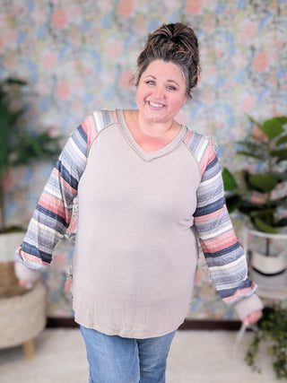 Alyssa Striped Sleeve Vneck Raglan in Taupe-2- Long Sleeve Tops-HEIMISH-Styled by Stacked - A Plus Size Women's Boutique in Lakeville, MN