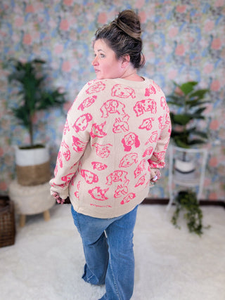 Puppy Love Pullover Sweater in Taupe + Pink-2- Long Sleeve Tops-WHITE BIRCH-Styled by Stacked - A Plus Size Women's Boutique in Lakeville, MN