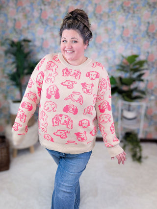 Puppy Love Pullover Sweater in Taupe + Pink-2- Long Sleeve Tops-WHITE BIRCH-Styled by Stacked - A Plus Size Women's Boutique in Lakeville, MN