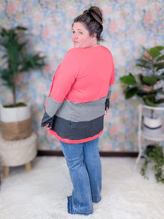 Selah Colorblock Stripe Draped Bottom Cardigan in Stripe + Solid-4- Overlayer Tops-HEIMISH-Styled by Stacked - A Plus Size Women's Boutique in Lakeville, MN