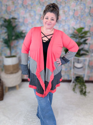 Selah Colorblock Stripe Draped Bottom Cardigan in Stripe + Solid-4- Overlayer Tops-HEIMISH-Styled by Stacked - A Plus Size Women's Boutique in Lakeville, MN