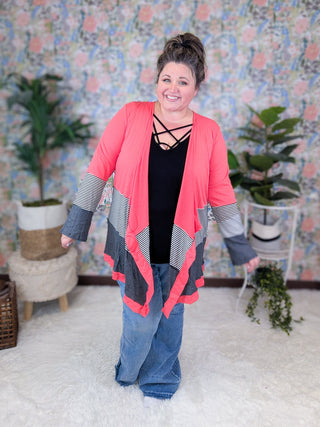 Selah Colorblock Stripe Draped Bottom Cardigan in Stripe + Solid-4- Overlayer Tops-HEIMISH-Styled by Stacked - A Plus Size Women's Boutique in Lakeville, MN
