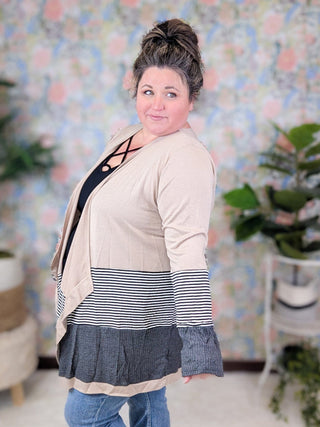 Selah Colorblock Stripe Draped Bottom Cardigan in Stripe + Solid-4- Overlayer Tops-HEIMISH-Styled by Stacked - A Plus Size Women's Boutique in Lakeville, MN
