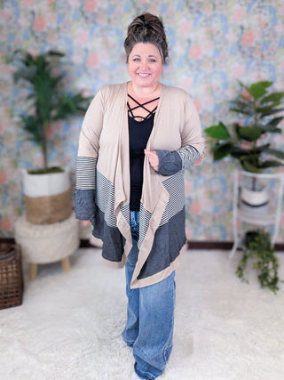 Selah Colorblock Stripe Draped Bottom Cardigan in Stripe + Solid-4- Overlayer Tops-HEIMISH-Styled by Stacked - A Plus Size Women's Boutique in Lakeville, MN