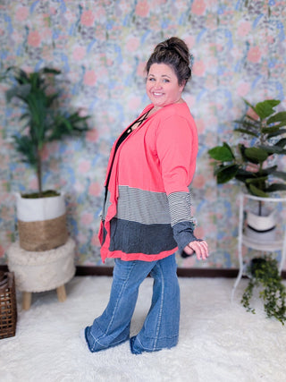 Selah Colorblock Stripe Draped Bottom Cardigan in Stripe + Solid-4- Overlayer Tops-HEIMISH-Styled by Stacked - A Plus Size Women's Boutique in Lakeville, MN