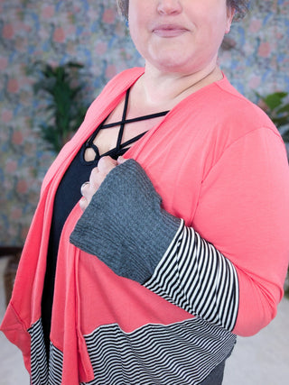 Selah Colorblock Stripe Draped Bottom Cardigan in Stripe + Solid-4- Overlayer Tops-HEIMISH-Styled by Stacked - A Plus Size Women's Boutique in Lakeville, MN