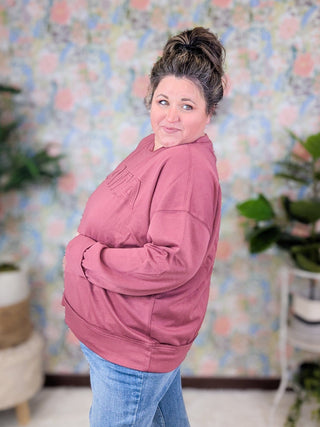 MAMA Stitched Scuba Pullover in Dark Berry-2- Long Sleeve Tops-WHITE BIRCH-Styled by Stacked - A Plus Size Women's Boutique in Lakeville, MN