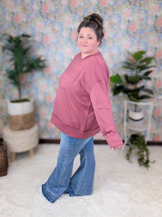 MAMA Stitched Scuba Pullover in Dark Berry-2- Long Sleeve Tops-WHITE BIRCH-Styled by Stacked - A Plus Size Women's Boutique in Lakeville, MN