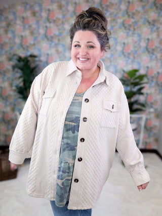 Gertie Button Down Textured Shacket in Taupe Beige-4- Overlayer Tops-WHITE BIRCH-Styled by Stacked - A Plus Size Women's Boutique in Lakeville, MN