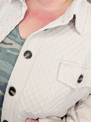 Gertie Button Down Textured Shacket in Taupe Beige-4- Overlayer Tops-WHITE BIRCH-Styled by Stacked - A Plus Size Women's Boutique in Lakeville, MN
