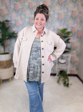Gertie Button Down Textured Shacket in Taupe Beige-4- Overlayer Tops-WHITE BIRCH-Styled by Stacked - A Plus Size Women's Boutique in Lakeville, MN