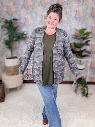 Thea Open Cardigan w/Elbow Patches in Camo-4- Overlayer Tops-HEIMISH-Styled by Stacked - A Plus Size Women's Boutique in Lakeville, MN