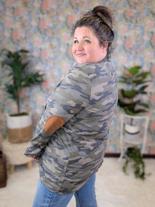 Thea Open Cardigan w/Elbow Patches in Camo-4- Overlayer Tops-HEIMISH-Styled by Stacked - A Plus Size Women's Boutique in Lakeville, MN
