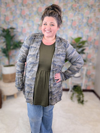 Thea Open Cardigan w/Elbow Patches in Camo-4- Overlayer Tops-HEIMISH-Styled by Stacked - A Plus Size Women's Boutique in Lakeville, MN