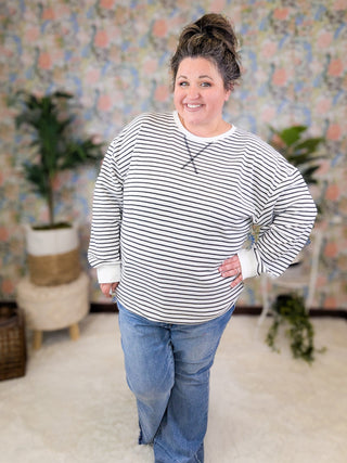 Emma Thermal Knit Striped Pullover in Ivory + Black-2- Long Sleeve Tops-MICHELLE MAE-Styled by Stacked - A Plus Size Women's Boutique in Lakeville, MN