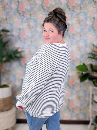 Emma Thermal Knit Striped Pullover in Ivory + Black-2- Long Sleeve Tops-MICHELLE MAE-Styled by Stacked - A Plus Size Women's Boutique in Lakeville, MN