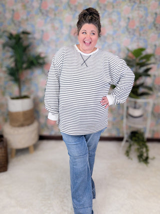 Emma Thermal Knit Striped Pullover in Ivory + Black-2- Long Sleeve Tops-MICHELLE MAE-Styled by Stacked - A Plus Size Women's Boutique in Lakeville, MN