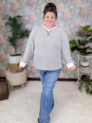 Emma Thermal Knit Striped Pullover in Ivory + Black-2- Long Sleeve Tops-MICHELLE MAE-Styled by Stacked - A Plus Size Women's Boutique in Lakeville, MN