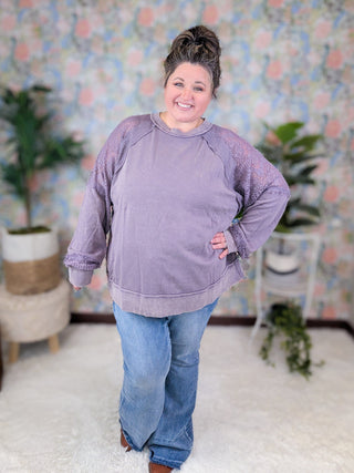 Jayne Lace Accent Mineral Wash Pullover in Dusty Purple-2- Long Sleeve Tops-WHITE BIRCH-Styled by Stacked - A Plus Size Women's Boutique in Lakeville, MN