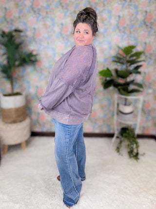 Jayne Lace Accent Mineral Wash Pullover in Dusty Purple-2- Long Sleeve Tops-WHITE BIRCH-Styled by Stacked - A Plus Size Women's Boutique in Lakeville, MN