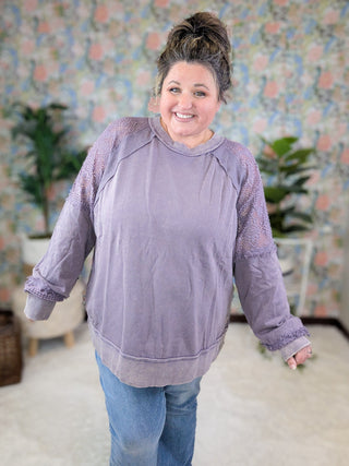 Jayne Lace Accent Mineral Wash Pullover in Dusty Purple-2- Long Sleeve Tops-WHITE BIRCH-Styled by Stacked - A Plus Size Women's Boutique in Lakeville, MN