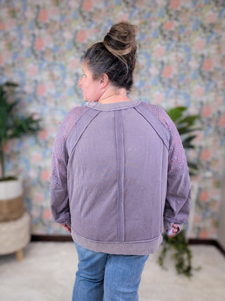 Jayne Lace Accent Mineral Wash Pullover in Dusty Purple-2- Long Sleeve Tops-WHITE BIRCH-Styled by Stacked - A Plus Size Women's Boutique in Lakeville, MN