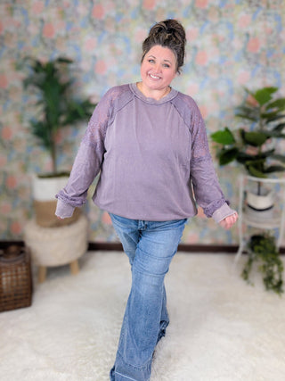 Jayne Lace Accent Mineral Wash Pullover in Dusty Purple-2- Long Sleeve Tops-WHITE BIRCH-Styled by Stacked - A Plus Size Women's Boutique in Lakeville, MN