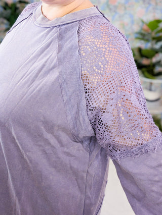 Jayne Lace Accent Mineral Wash Pullover in Dusty Purple-2- Long Sleeve Tops-WHITE BIRCH-Styled by Stacked - A Plus Size Women's Boutique in Lakeville, MN