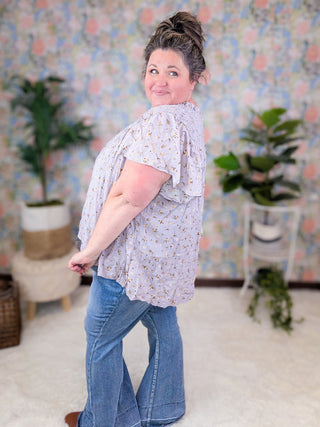 Gwendolyn Smocked Short Sleeve Top in Dusty Lilac Floral-1- ShortSlv/Slvless Tops-WHITE BIRCH-Styled by Stacked - A Plus Size Women's Boutique in Lakeville, MN