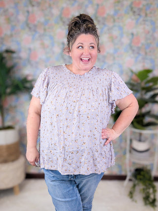 Gwendolyn Smocked Short Sleeve Top in Dusty Lilac Floral-1- ShortSlv/Slvless Tops-WHITE BIRCH-Styled by Stacked - A Plus Size Women's Boutique in Lakeville, MN