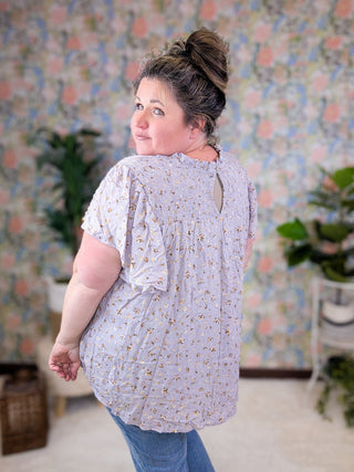 Gwendolyn Smocked Short Sleeve Top in Dusty Lilac Floral-1- ShortSlv/Slvless Tops-WHITE BIRCH-Styled by Stacked - A Plus Size Women's Boutique in Lakeville, MN