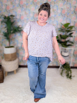 Gwendolyn Smocked Short Sleeve Top in Dusty Lilac Floral-1- ShortSlv/Slvless Tops-WHITE BIRCH-Styled by Stacked - A Plus Size Women's Boutique in Lakeville, MN