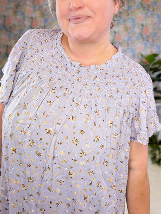 Gwendolyn Smocked Short Sleeve Top in Dusty Lilac Floral-1- ShortSlv/Slvless Tops-WHITE BIRCH-Styled by Stacked - A Plus Size Women's Boutique in Lakeville, MN