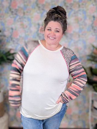 Ridley Stripe + Animal Print Long Sleeve Top in Oatmeal-2- Long Sleeve Tops-HEIMISH-Styled by Stacked - A Plus Size Women's Boutique in Lakeville, MN