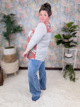 Mona Floral Raglan w/Striped 3/4 Sleeves (2 Colors)-2- Long Sleeve Tops-lovely melody-Styled by Stacked - A Plus Size Women's Boutique in Lakeville, MN
