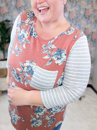 Mona Floral Raglan w/Striped 3/4 Sleeves (2 Colors)-2- Long Sleeve Tops-lovely melody-Styled by Stacked - A Plus Size Women's Boutique in Lakeville, MN