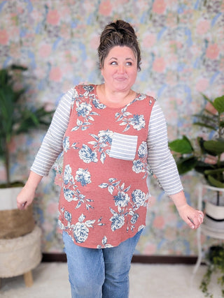 Mona Floral Raglan w/Striped 3/4 Sleeves (2 Colors)-2- Long Sleeve Tops-lovely melody-Styled by Stacked - A Plus Size Women's Boutique in Lakeville, MN