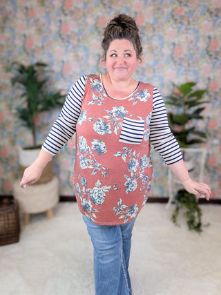 Mona Floral Raglan w/Striped 3/4 Sleeves (2 Colors)-2- Long Sleeve Tops-lovely melody-Styled by Stacked - A Plus Size Women's Boutique in Lakeville, MN